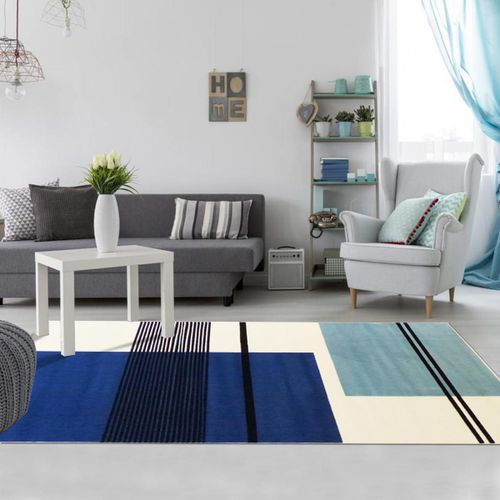 Tapis Chambre 80x150 Tissé Bleu Ciel Rectangle Motif Seventies Lyn1 Blusquare