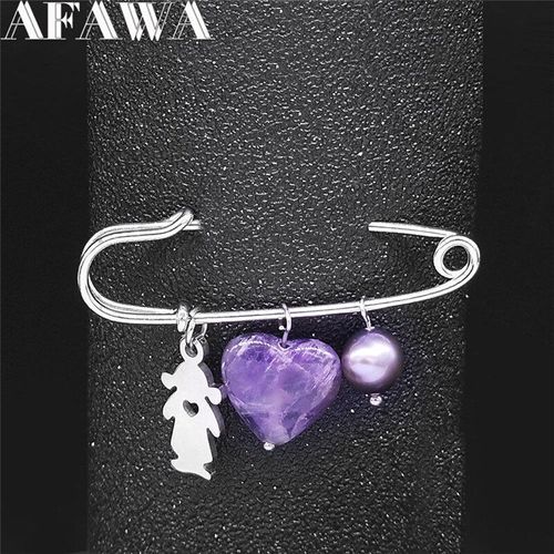 Broche En Acier Inoxydable Pour Femmes Et Hommes, Bijoux Couleur Argent, Cristal Naturel Violet, Perles D&#39eau Douce, Amour, C¿Ur, Broche De Couple, X9006