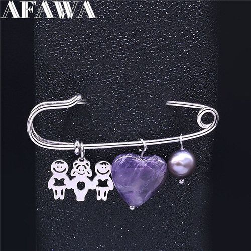 Broche Simple Mama Two Boy En Acier Inoxydable, Perles D'eau Douce, Cristal Violet, C¿Ur, Couleur Argent, Bijoux Pour Femmes/Hommes, X9002s01