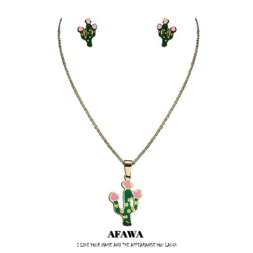 Ensemble De Colliers Et Boucles D'oreilles Cactus En Acier Inoxydable Pour Femme, Bijoux En Émail, Couleur Or Et Vert, Pour Enfant