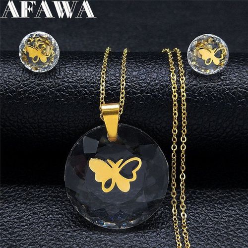 Ensemble Collier Et Boucles D'oreilles Papillon En Acier Inoxydable Pour Femmes, Bijoux Couleur Or Et Verre, Sxs01, 2021