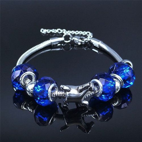 Bracelet En Acier Inoxydable, Perle De Verre Bleu Cheval, Breloque Couleur Argent, Bijoux, Bxs01