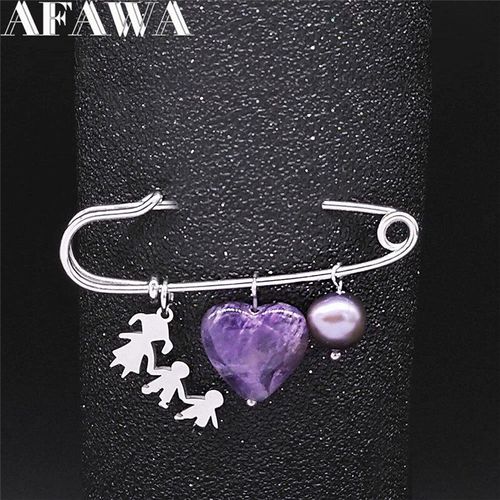 Broche De Famille En Acier Inoxydable, Perles D'eau Douce, Cristal Naturel Violet, Amour, C¿Ur, Broche, Couleur Argent, X9004