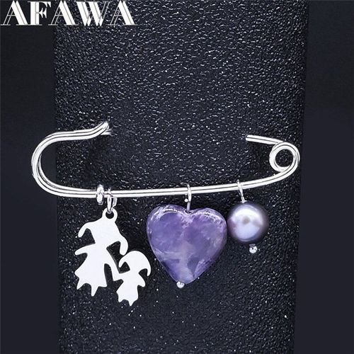 Broche En Forme De C¿Ur Pour Maman Et Fille, Bijoux En Acier Inoxydable Violet, Cristal Naturel, Perles D'eau Douce, Couleur Argent, X9003s01