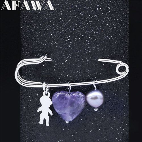 Broche En Acier Inoxydable Avec Perles D&#39eau Douce, Cristal Violet Naturel, C¿Ur D&#39amour, Garçon, Couple, Bijoux Couleur Argent, X9005s01