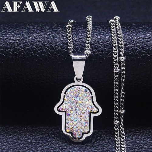 Collier Main Islamique En Acier Inoxydable, Hamsa Musulman, Cristal Blanc, Argent, Bijoux, Chaîne, N8046s01