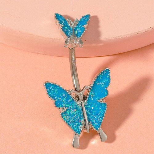Piercing De Nombril Papillon En Acier Inoxydable Pour Femmes Et Filles, Anneau De Ventre Bleu Rose, Bijoux De 14g
