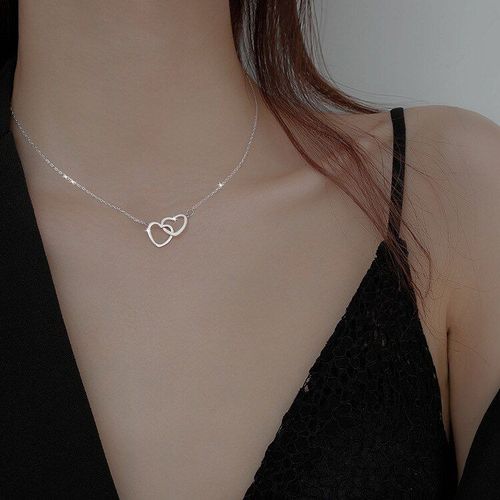 Collier Double C¿Ur Brillant En Zircon Doré Et Argent, Pendentif, Ras Du Cou, Amour, Cadeau Pour Fille