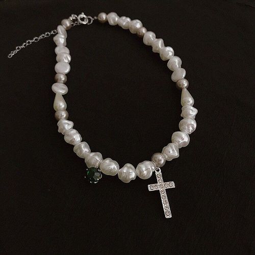 Collier De Perles Artificielles Blanches, Irrégulières, Pendentif Croix En Cristal, Collier Classique Pour Femmes, Ras Du Cou
