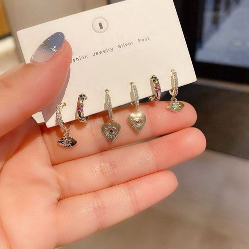 Boucles D'oreilles En Pierre Arc-En-Ciel Colorée Pour Femmes, Pendentif En Forme De C¿Ur Et D'oeil, Bijoux En Forme De Cercle, Cadeaux, Vente En Gros, 6 Pièces, S-E1279