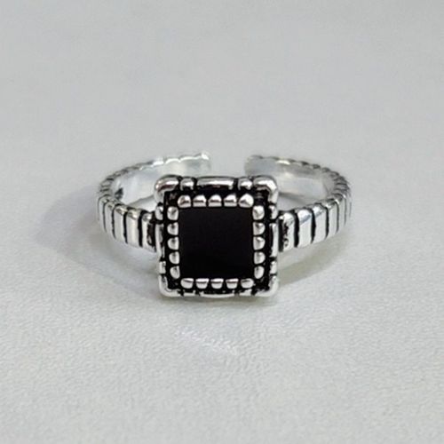 Bague En Argent Sterling 925 Pour Hommes Et Femmes, Bague Ouverte De Couleur Argent Thaïlandais, Pierre Noire Carrée, Nouvelle Tendance Géométrique, S-R572