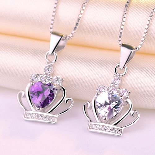 Collier Avec Pendentif En Forme De Couronne De Princesse En Argent Sterling 925, C¿Ur En Zircon, Collier De Mariage Violet Clair, S-N98