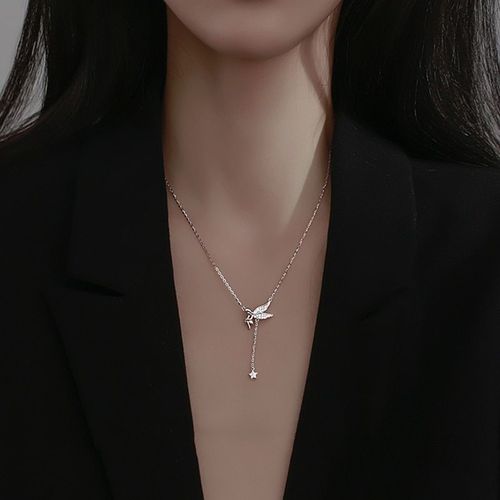 Collier Ailes En Argent Sterling 925 Pour Femmes, Chaîne Clavicule Longue Avec Pompon En Étoile, Bijoux De Fête