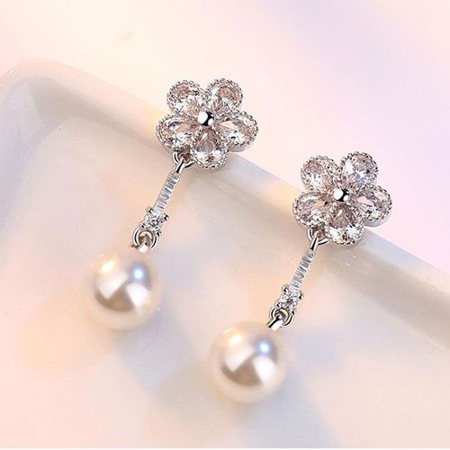 Boucles D'oreilles Pendantes En Argent Sterling 925, Élégantes, En Zircon, Fleur De Prunier, Avec Pendentif En Perle Simulée, Pour Femmes, Fête De Mariage, S-E252
