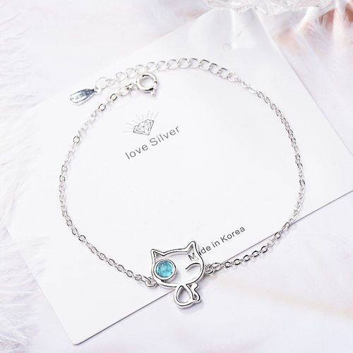 Bracelet À Breloques Ajustable Avec Chat Mignon, Embellissement En Cristal Bleu, En Argent Sterling 925, Cadeau Pour Femmes, S-B254