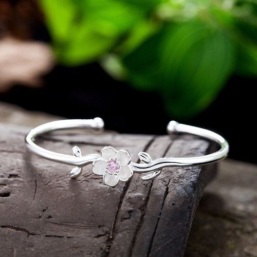 Bracelet En Argent Sterling 925 Avec Fleurs De Cerisier Pour Femmes, Avec Zircon Rose Violet, Bijoux De Fête Exquis, S-B291