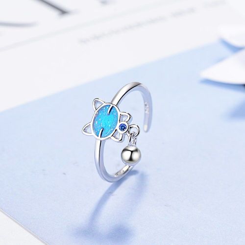 Bague Ouverte En Argent Sterling 925, Chat Mignon Bleu, Avec Pendentif Cloche Pour Filles, Cadeaux De Noël, Bijoux À La Mode S-R345