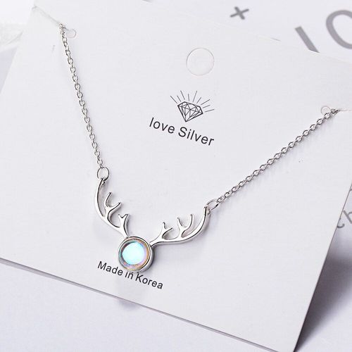Collier Chaîne En Argent Sterling 925 Avec Pierres De Lune Colorées Et Brillantes, Pendentif En Bois De Cerf Ou D'élan, Cadeau De Noël, S-N362