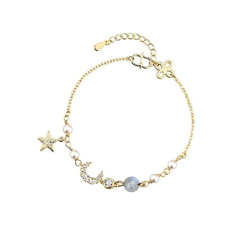 Anenjery Lune Étoile Imitationn Perle Bracelet À Breloques 925 Argent Sterling Dégradé Pierre De Lune Zircon Bracelet Pour Les Femmes S-B304