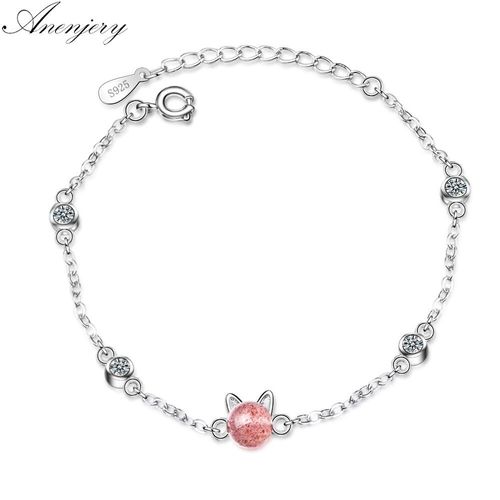 Bracelet En Argent Sterling 925 Avec Chat Mignon, Cristal De Fraise Naturel, Pour Femmes Et Filles, Cadeau Pour Bon Ami, S-B187