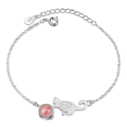 Bracelet En Argent Sterling 925 Avec Chat, Cristal De Fraise Naturel, Pierre De Lune, Cadeau Pour Femmes Et Filles, Bon Ami, S-B185