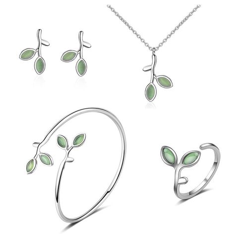 Boucles D'oreilles En Forme De Feuille D'opale Pour Femmes, Ensemble De Bijoux, Bague, Collier, Bracelet, Cadeau, Argent Sterling 925
