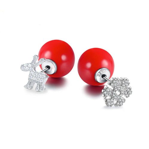 Boucles D'oreilles En Argent Sterling 925 Pour Femmes, Bijoux De Noël En Zircon, Cerf, Flocon De Neige, Perle Rouge, Cadeau S-E486