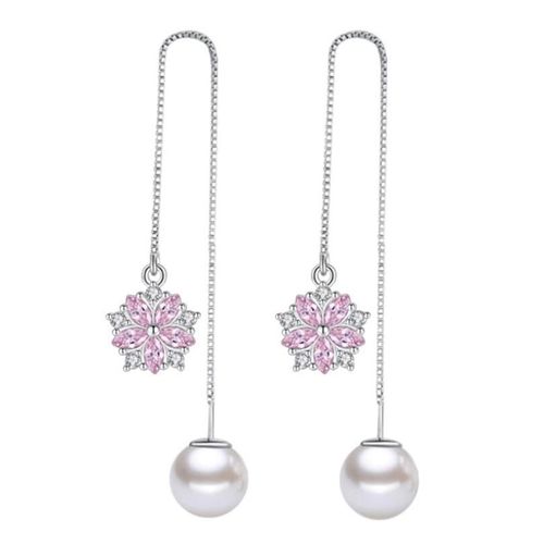 Boucles D'oreilles En Argent Sterling 925, Fleur De Cerisier Frais, En Zircon Rose, Perle, Longue Chaîne À Pompon, Pour Femmes, S-E567