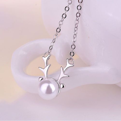 Collier En Bois De Wapiti En Argent Sterling 925 Pour Femmes, Chaîne Avec Perles Simulées, Bijoux De Noël, S-N289