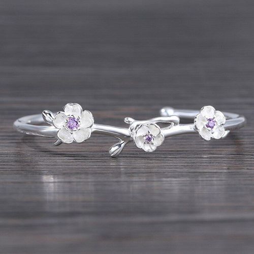 Bracelet Délicat En Argent Sterling 925, Bijoux En Zircon Violet, Fleurs De Cerisier, Manchette Ouverte