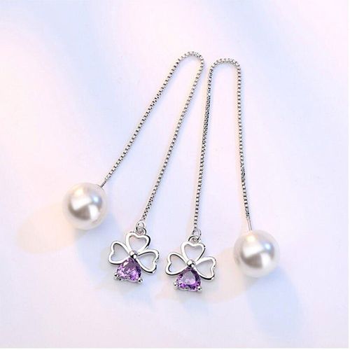 Boucle D'oreille En Argent Sterling 925, Pendentif Porte-Bonheur, C¿Ur, Fleur, Longue Gland Avec Ligne D'oreille En Zircon Violet, Perle, Bijoux S-E277