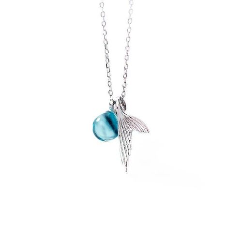 Collier Queue De Poisson Sirène En Argent Sterling 925, Avec Pendentif En Cristal Bleu, Chaîne En Verre, Bijoux Pour Cadeaux, S-N435
