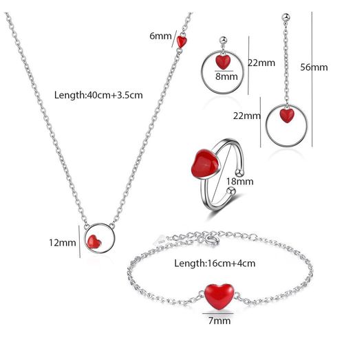 Ensemble De Bijoux Simples En Argent Sterling 925, Collier + Boucles D'oreilles + Bague + Bracelet En Forme De C¿Ur Rouge, 4 Styles, Cadeau Pour Femmes