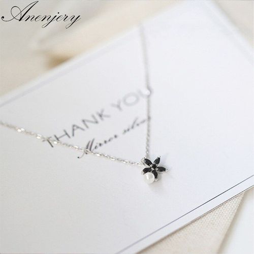 Collier En Argent Sterling 925 Pour Femmes, Doux, Fleur De Soleil, Zircon Noir, Perle, Clavicule, Chaîne Ras Du Cou, S-N343