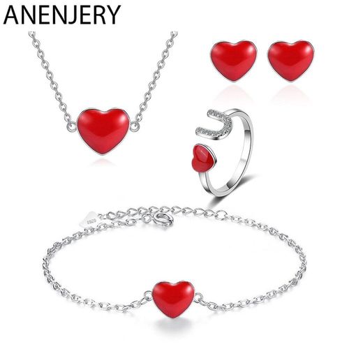 Ensemble De Bijoux En Argent Sterling 925, Collier + Boucles D'oreilles + Bague + Bracelet En C¿Ur Rouge Pour Femmes, Cadeau De Mariage