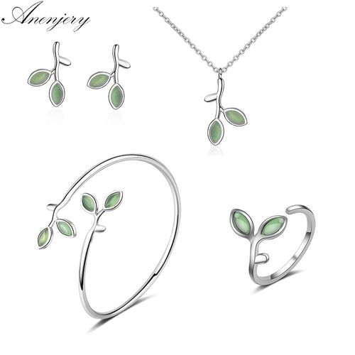 Ensemble De Bijoux En Argent Sterling 925, Boucles D'oreilles + Bague + Collier + Bracelet En Feuille D'opale, Bijoux D'été Pour Femmes