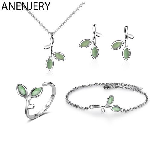 Ensemble De Bijoux En Argent Sterling 925, Collier + Boucles D'oreilles + Bague + Bracelet En Feuille D'opale, Cadeau D'été Pour Femmes