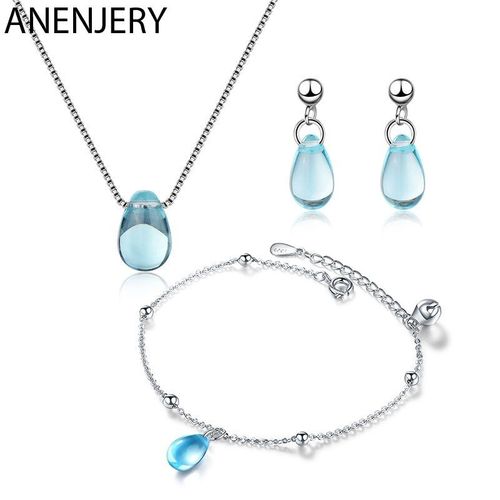 Ensemble De Bijoux En Argent Sterling 925, Collier + Boucles D'oreilles + Bracelet En Forme De Goutte D'eau Bleue, Cadeau D'été Pour Femmes