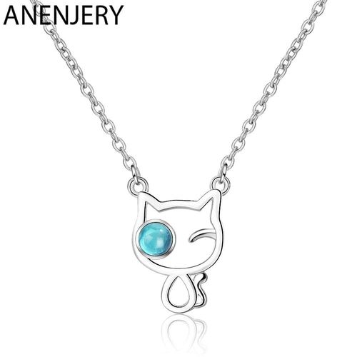 Collier Adorable En Argent Sterling 925 Pour Femme, Chaîne Avec Yeux D'animaux En Cristal Bleu, S-N446