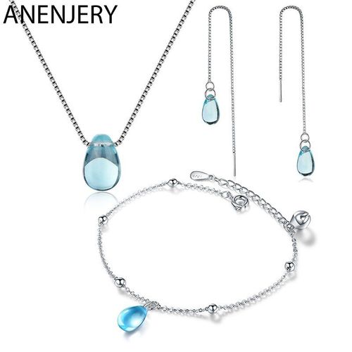 Ensemble De Bijoux En Argent Sterling 925, Collier + Boucles D'oreilles + Bracelet En Forme De Goutte D'eau, Cristal Bleu, Cadeau Pour Femmes