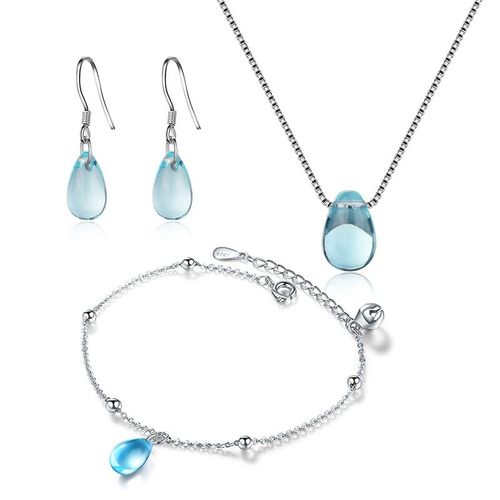Collier + Boucles D'oreilles + Bracelet En Forme De Goutte D'eau Pour Femmes, Ensemble De Bijoux En Argent Sterling 925, Cristal Bleu