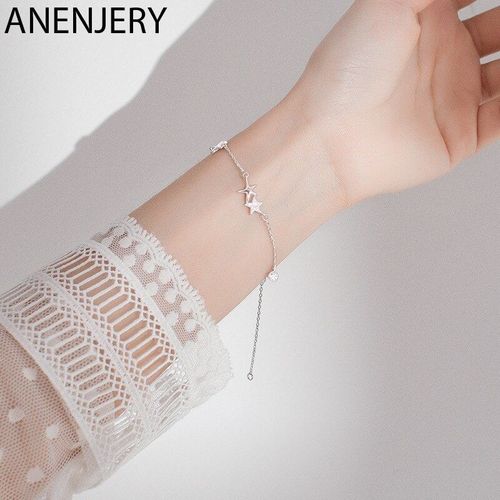 Anenjery Lune Étoile Imitationn Perle Bracelet À Breloques 925 Argent Sterling Dégradé Pierre De Lune Zircon Bracelet Pour Les Femmes S-B304