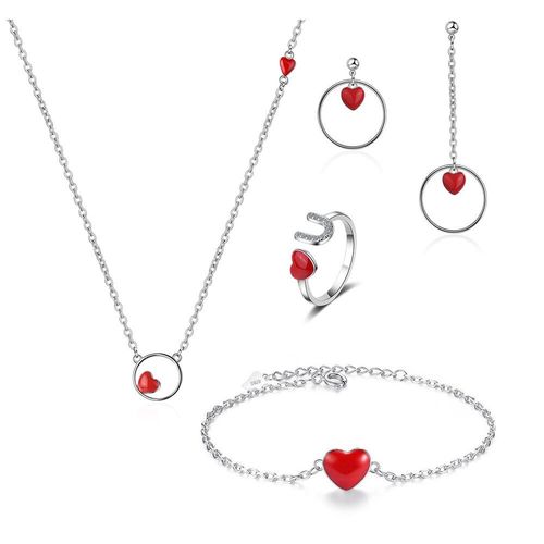 Ensemble De Bijoux En Argent Sterling 925, Collier + Boucles D'oreilles + Bague + Bracelet En Coeur Rouge, Cadeau Pour Femmes Et Filles