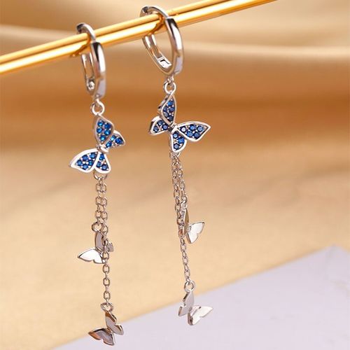 Boucles D'oreilles Longues En Argent Sterling 925 Pour Femmes, Bijoux En Zircon Bleu Micro Incrusté