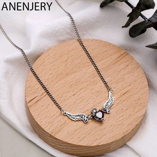 Collier Avec Pendentif Ailes D'ange En Argent Sterling 925 Pour Femmes, Bijou En Zircon Noir Thaïlandais, S-N647