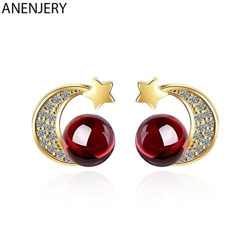 Boucles D'oreilles En Argent Sterling 925 Pour Femmes, Bijoux Simples En Zircon Rouge Grenat Étoile Lune, S-E851