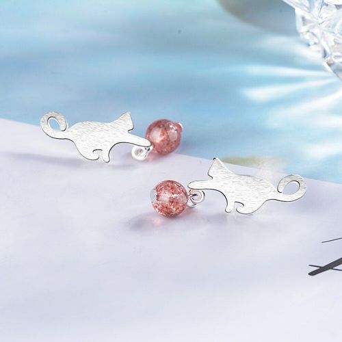 Boucles D'oreilles En Argent Sterling 925, Chat Mignon, Cristal Naturel, Fraise, Pierre De Lune, Pour Femmes, S-E728