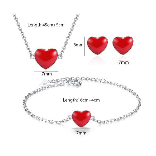 Ensemble De Bijoux En Argent Sterling 925, Collier + Boucles D'oreilles + Bracelet En C¿Ur Rouge Simple, Cadeau Pour Femmes