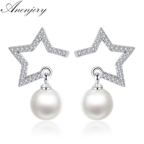 Boucles D'oreilles En Argent Sterling 925 Et Zircon Cubique Pour Femme, Pendentif En Forme D'étoile, Perle, S-E225