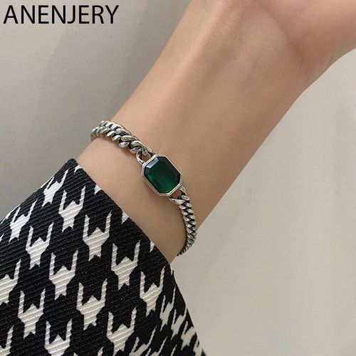 Bracelet Géométrique En Argent Sterling 925 Pour Hommes Et Femmes, Bijou Vintage En Zircon Vert, S-B490